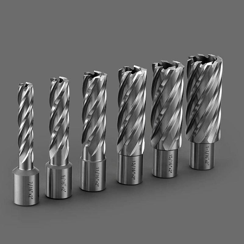 JESTUOUS Annular Cutters Set 6pcs JESTUOUS 3/4 Inch Weldon Shank 2 Cutting Depth 7/16 to 1-1/16 Cutting Diameter HSS Slugger Bits for Magnetic Drill Press with 2 Pilot Pins - Image 5